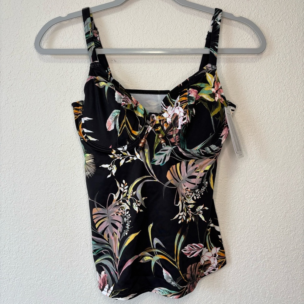 Freya - Black Floral Tahiti Nights Swim Tankini with Inner Bra, Size 30G Medium